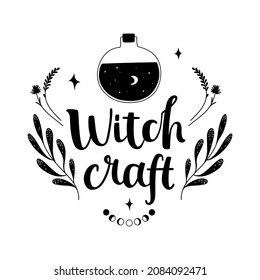 Brush calligraphy - witch craft. Hand drawn illustration of a bottle with magic potion, decorated with stars, moon phases and leaves. Black vector isolated on white background.