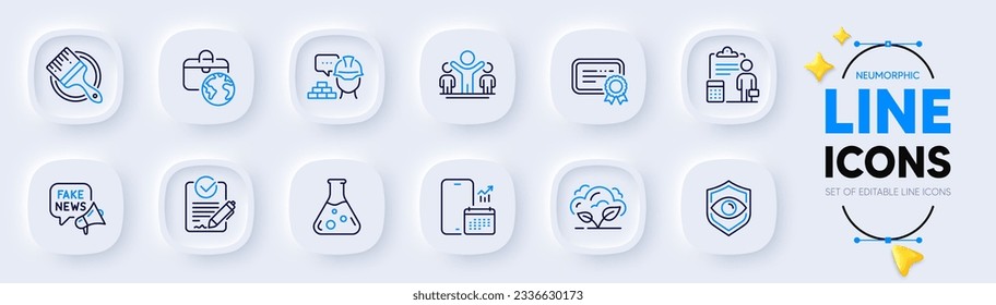 Brush, Certificate and Co2 gas line icons for web app. Pack of Global business, Eye detect, Fake news pictogram icons. Build, Rfp, Winner signs. Phone calendar, Chemistry lab, Accounting. Vector