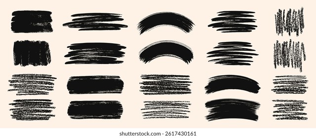 Brush chalk crayon charcoal pastel hand drawn vector strokes, paint stains, artistic textured backgrounds, text frames boxes set, collection. Grungy rectangles, uneven shapes, rough edges and texture.