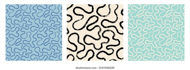 Brush, chalk, crayon drawn continuous line, uneven wriggling grungy stripe seamless vector pattern. Doodle, uneven free hand drawn endless wavy, winding line. Chaotic groovy ornament, background.