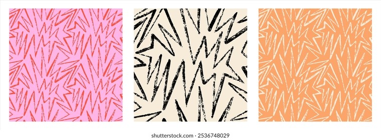 Сontinuous brush chalk crayon drawn rough textured grungy line seamless repeat vector pattern. Zigzag, broken line, sharp corners chaotic endless line artistic hand drawn doodle geometric background.