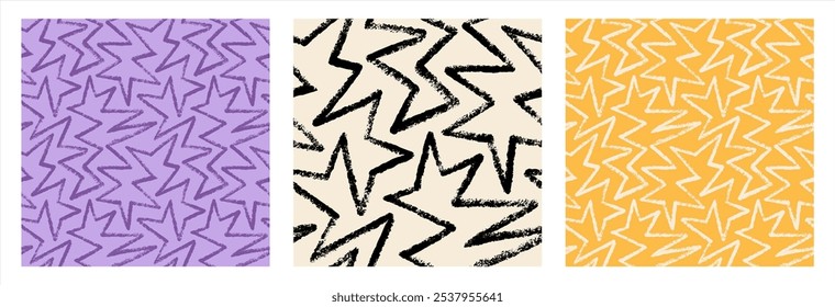 Сontinuous brush chalk crayon drawn rough textured grungy line seamless repeat vector pattern. Zigzag, broken line, sharp corners chaotic endless line artistic hand drawn doodle geometric background.