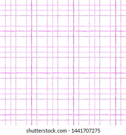 Brush, chalk, crayon hand drawn check, square, plaid vector seamless pattern. Vertical and horizontal thin, narrow textured stripes. Chequered geometric background.  Fuchsia pink bars, lattice.
