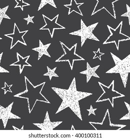 Brush Or Chalk Drawn Five-pointed Stars Of Different Size Seamless Vector Pattern. Rough Texture, Uneven Edges. Free Hand Drawn Cosmic, Space Background. Doodle Style White Star Shapes On Chalkboard. 