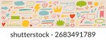 Brush chalk element set. Hand drawn arrow, speech bubble, crayon highlight frame, check mark and comic talk sketch. Blackboard brush chalk texture stroke for kid text elements. Vector illustration
