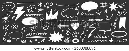 Brush chalk element set. Hand drawn arrow, speech bubble, crayon highlight frame, check mark and comic talk sketch. Blackboard brush chalk texture stroke for kid text elements. Vector illustration
