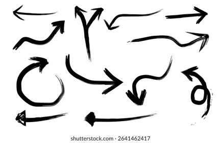 Brush Charcoal arrows vector icons set. Hand drawn freehand different curved lines, swirls arrows. Doodle marker drawing, black chalk smears.
