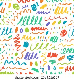 Brush and charcoal curly lines seamless pattern. Pencil squiggles, swirls and dots colorful background. Scribble brush strokes, pencil curly lines. Creative abstract style childish seamless pattern.