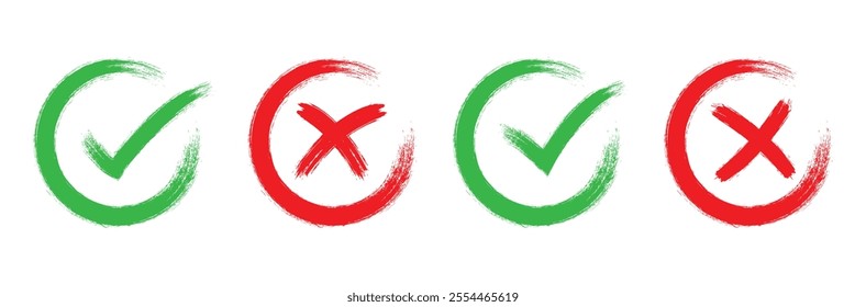  brush check mark icon button set. check box icon with right and wrong buttons and yes or no checkmark icons in green tick box and red cross.