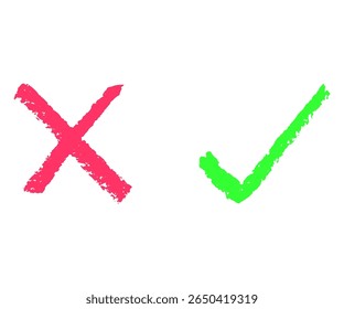 Brush check mark and red cross, hand drawn with chalk, pastel, or crayon texture. Vector icon set for UI, education, or playful graphic design in a textured style.