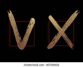 Brush check marks , icons set, vector isolated gold glittering luxury positive yes and negative no on black background. Tick and cross grunge and simple signs.