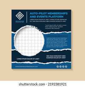 Brush Circle Element On Space For Photo Collage With Ripped Paper Effect Of Auto Pilot Memberships And Events Platform Banner Social Media Template Premium Vector. Torn Paper And Flat Blue Background