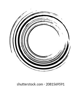 Brush circle. Round spiral. Waves cycle. Circular pattern. Black frames on white background. Rotate ring. Circe line. Border ripple spin. Abstract faded boarder. Arc radial shape. Swirl patern. Vector