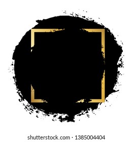Brush circle stroke, gold text box, isolated white background. Black paint round brush. Grunge texture stroke frame. Ink design. Border paintbrush element. Brushstroke graphic Vector illustration