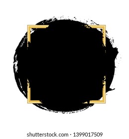 Brush circle stroke, gold text box, isolated white background. Black paint round brush. Grunge texture stroke frame. Ink design. Border paintbrush element. Brushstroke graphic Vector illustration