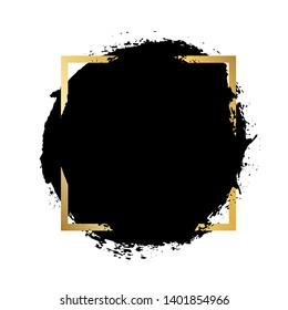 Brush circle stroke, gold text box, isolated white background. Black paint round brush. Grunge texture stroke frame. Ink design. Border paintbrush element. Brushstroke graphic Vector illustration