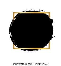 Brush circle stroke, gold text box, isolated white background. Black paint round brush. Grunge texture stroke frame. Ink design. Border paintbrush element. Brushstroke graphic Vector illustration