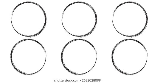 Círculos de pincel, círculos de grunge. Cepilla círculos. Colección de seis marcos circulares grunge. Ilustración vectorial.