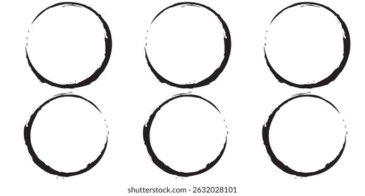 Brush circles, grunge circles. Brush circles. Collection of six circular grunge frames. Vector illustration.