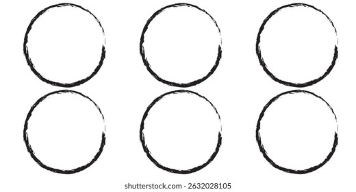 Brush circles, grunge circles. Brush circles. Collection of six circular grunge frames. Vector illustration.