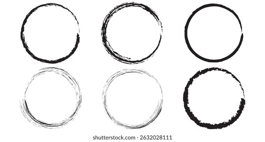Brush circles, grunge circles. Brush circles. Collection of six circular grunge frames. Vector illustration.