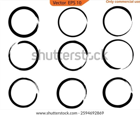 Brush circles in line art style. Round frame set. Grunge texture. Vector illustration. stock image. Set of grunge circles. Vector grunge round shapes.