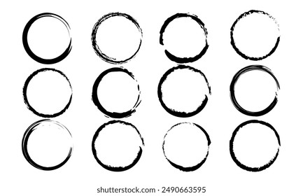 Brush circles round shape set Stock black color design. Set circles isolated on white background. handmade. vector. It can be used in the design of packaging, brochures, logos, etc.