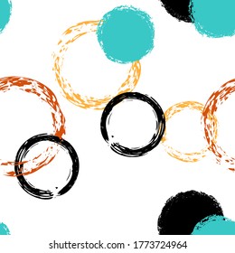 Brush Circles. Vector Seamless Pattern. Vivid Dotted Pattern. White Abstract Background With Watercolor Fall Chaotic Shapes. Summer Artistic Gift wrap. Chalk Brush Rounds, Confetti.
