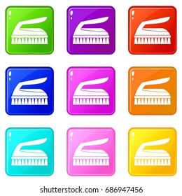 Brush for cleaning icons of 9 color set isolated vector illustration
