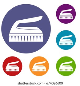 Brush for cleaning icons set in flat circle reb, blue and green color for web