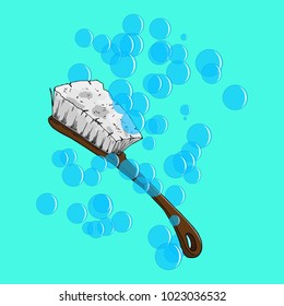 Brush for cleaning objects, clothes, apartments, shoes. Cleaning brush with long handle. Washing Brush with dense bristles. Vector illustration. Bubble.
