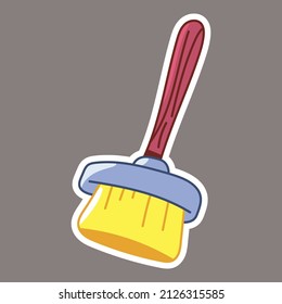 Brush for cleaning vector cartoon sticker isolated on background.
