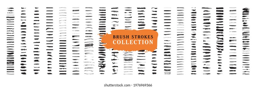 Brush collection isolated on white background. Set of grunge black paint, ink brush strokes. Trendy brush stroke for black ink paint, grunge backdrop, dirt banner, watercolor design and dirty texture.