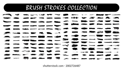 Brush collection isolated on white background. Set of grunge black paint, ink brush strokes. Trendy brush stroke for black ink paint, grunge backdrop, dirt banner, watercolor design and dirty texture.