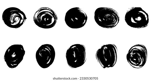 Brush Collection in Round Shape. Swirl Graphic Element. Circle Black Grunge Frame Set. Abstract Design of Watercolor Ink Paint. Isolated Vector Illustration.