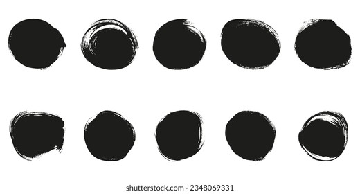 Brush Collection in Round Shape. Swirl Graphic Element. Circle Black Grunge Frame Set. Abstract Design of Watercolor Ink Paint. Isolated Vector Illustration.