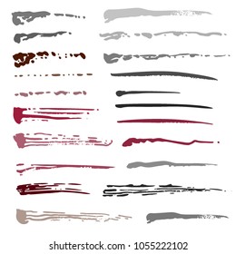 Brush collection. Template various stain brushes, textured grunge element for vector illustration. Intermittent striped oil brushes samples textured freehand. Ink splash. Vector illustration.