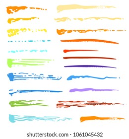 Brush collection. Template various stain brushes, textured grunge element for vector illustration. Intermittent striped oil brushes samples textured freehand. Ink splash. Vector illustration.