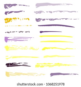 Brush collection. Template various stain brushes, textured grunge element for vector illustration. Intermittent striped oil brushes samples textured freehand. Ink splash. Vector illustration.