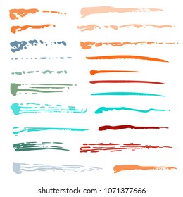 Brush collection. Template various stain brushes, textured grunge element for vector illustration. Intermittent striped oil samples freehand. Ink splash. Vector illustration.