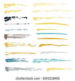 Brush collection. Template various stain brushes, textured grunge element for vector illustration. Intermittent striped oil brushes samples textured freehand. Ink splash. Vector illustration.