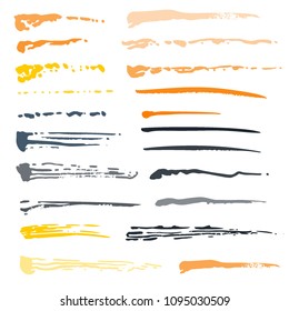 Brush collection. Template various stain brushes, textured grunge element for vector illustration. Intermittent striped oil brushes samples textured freehand. Ink splash. Vector illustration.