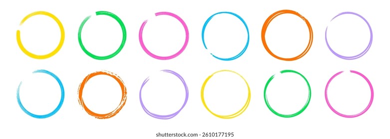 Brush color paint texture circle hand drawn element set. Hand drawn brush stroke round stamp line frame. Texture stroke circle background. Abstract stain grunge style. Vector illustration