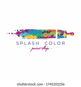 Brush with colorful paint stroke logo template. Abstract paint. Paint shop logo. Splash color logo. Art shop. Print service logo idea.