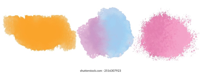 Brush colourful splash paint ink stroke round frame.  Grunge watercolor backgrounds vector set. Abstract rainbow coloured splash, powder explosion, brush strokes, stain. Acrylic pink and purple colors