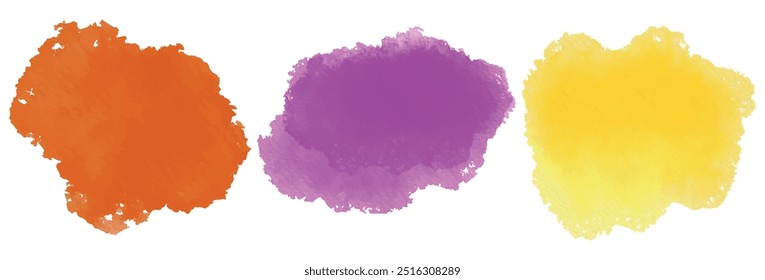 Brush colourful splash paint ink stroke round frame.  Grunge watercolor backgrounds vector set. Abstract rainbow coloured splash, powder explosion, brush strokes, stain. Acrylic purple yellow colors