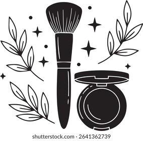 Brush and Compact Flat-Lay Silhouette Black and White Line Art