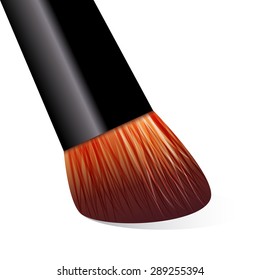 Brush of cosmetic, makeup brush, transparent, with natural bristles. Vector. Isolated. Black brush is close-up with orange hair. Cosmetic products fashion, woman symbol blush beauty flour icon.