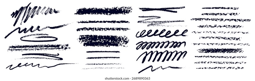Pinsel-Stift-Kritzelsammlung mit schwarzen Tintenstrichen für künstlerisches Design - raue strukturierte Markierungen und handgezeichnete Linien. Abstrakte farbige Elemente mit verschiedenen Breiten und Formen für unterstrichenen Text.