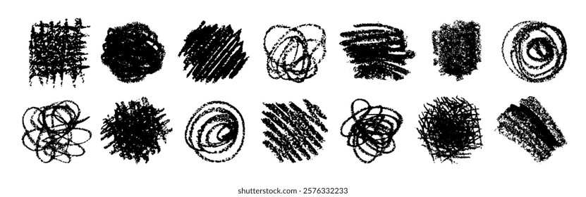 Brush and crayon texture vector paint scribble. Grunge stroke, chalk or charcoal background. Black pastel crayon or brush kid scribble shape set. Marker or ink spot, stain, splash texture drawing bg